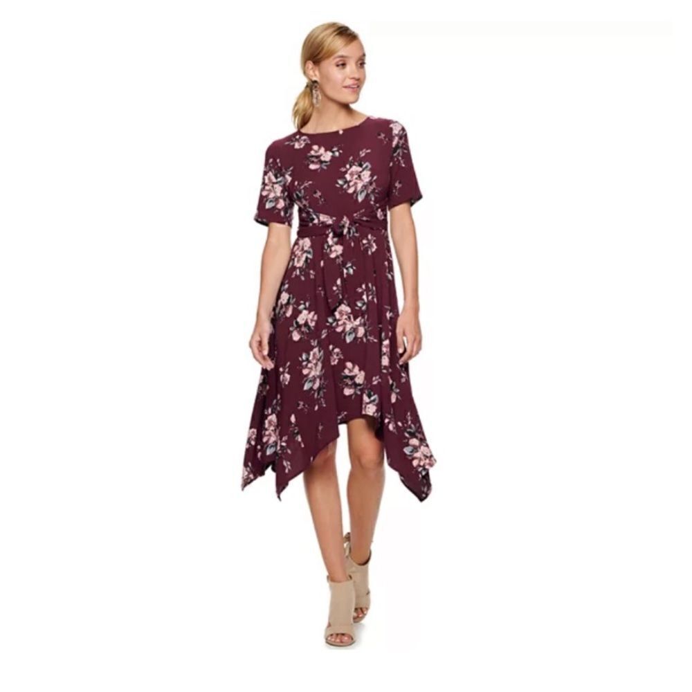 Elle floral tie fit and flare handkerchief dress